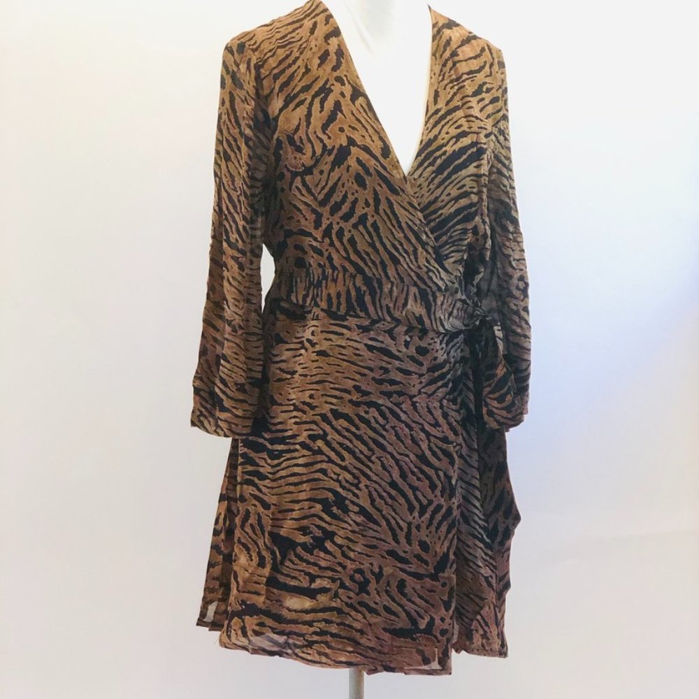 NWT GANNI MINI Georgette Wrap Dress, Tiger Pattern Size 12 (44)